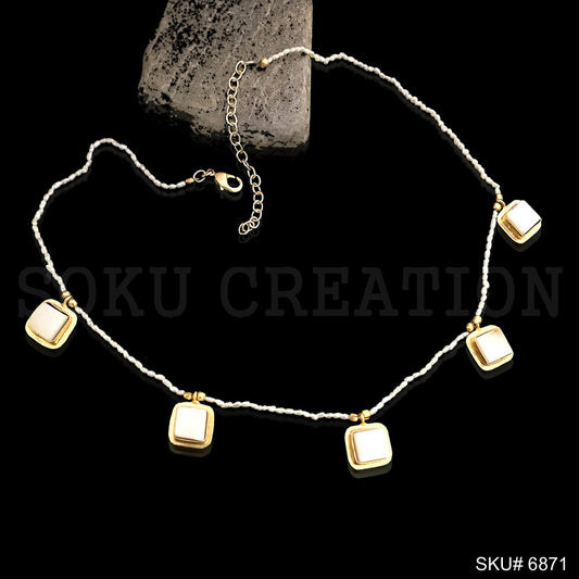 Gold Plated Plain Pearl Beads with White Stone Square Shape Charms Necklace SKU6871