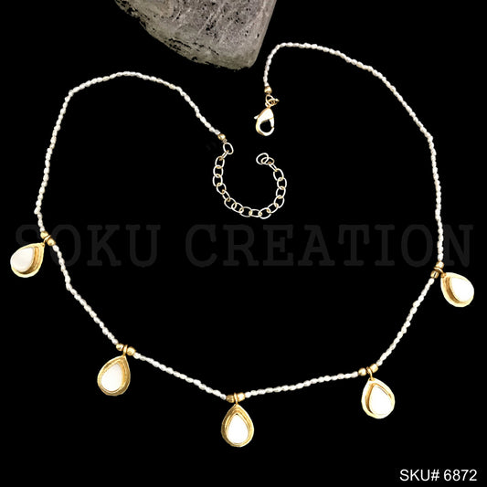 Gold Plated Plain Pearl Beads with White Stone DropShape Charms Necklace SKU6872