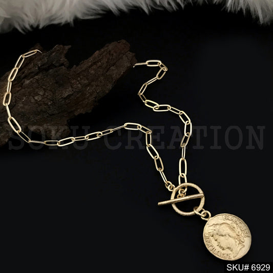 Gold Plated Chain with Vintage Coin Chram Necklace SKU6929