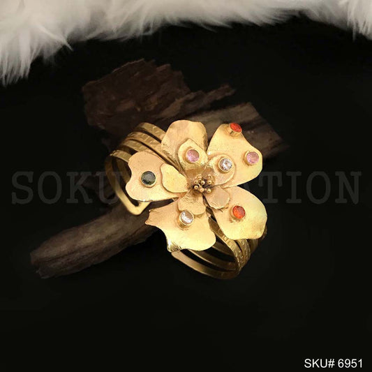 Gold Plated Plain Statement Flower of Multi color Stone on Cuff SKU6951