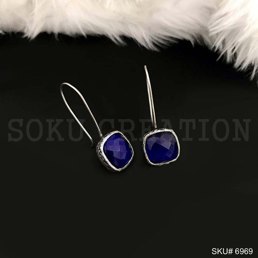 Silver plated Simple Delicate Blue Stone Ear Wire Earrings SKU6969