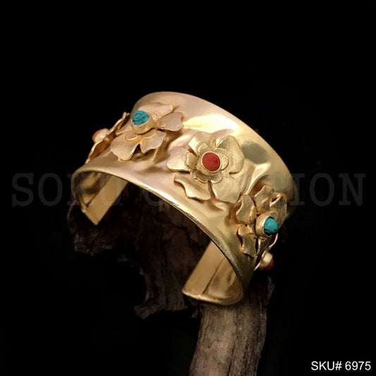 Gold Plated Flower With Turquoise and Red Stone Design of Cuff SKU6975