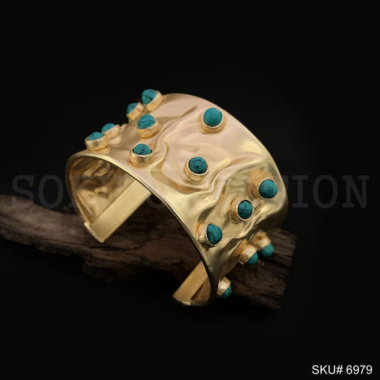 Gold Plated Hammered Cuff  With Turquoise Stone Design of Cuff SKU6979