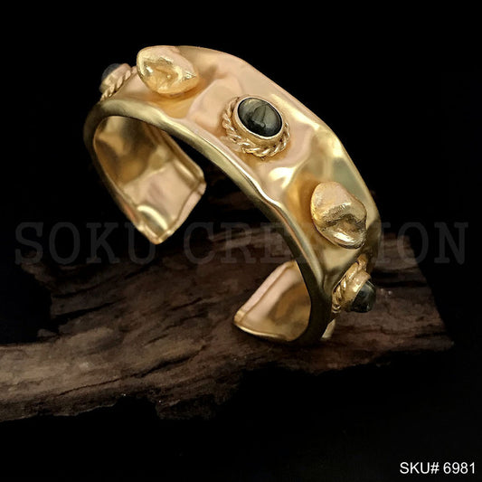 Gold Plated Hammered Cuff  With Gold Pearl and Labra Stone Design of Cuff SKU6981