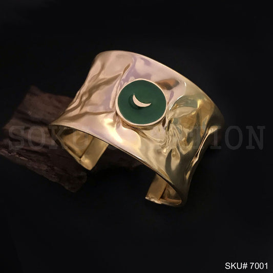 Gold Plated Hammered Design of Cuff With Green Gold Moon SKU7001