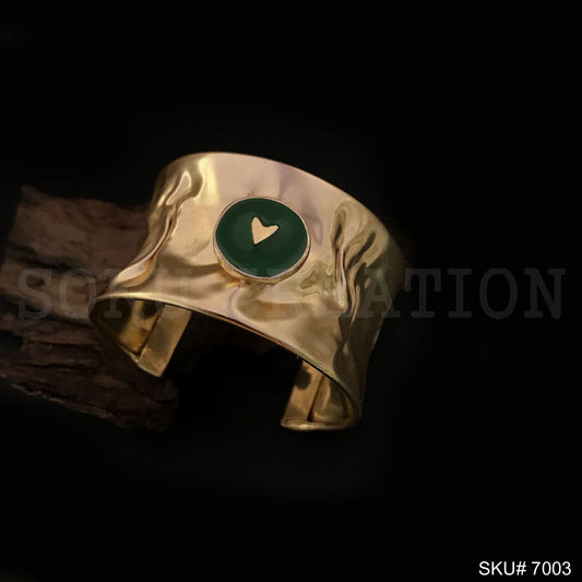 Gold Plated Hammered Design of Cuff With Green Heart sign  SKU7003