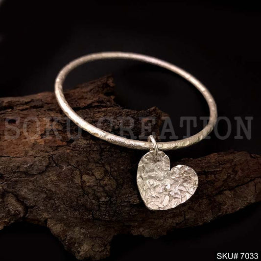 Silver Plated Simple Design of Bangle With Hammered Heart Design of Charm SKU7033