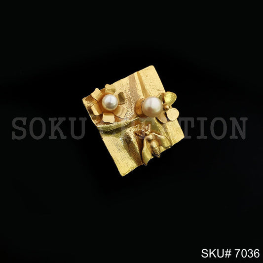 Gold Plated Unique Flower Pearl Dragonfly Hammered Square Handmade Ring SKU7036