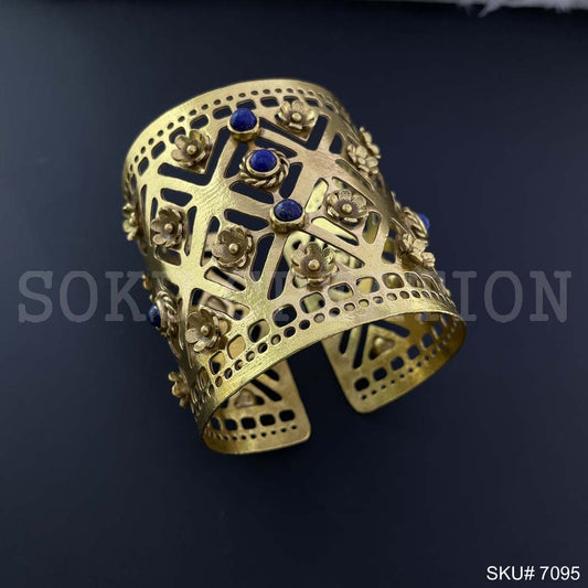 Gold Plated Designer Big Cuff with Blue Stone and Twisted Wire Flower SKU7095