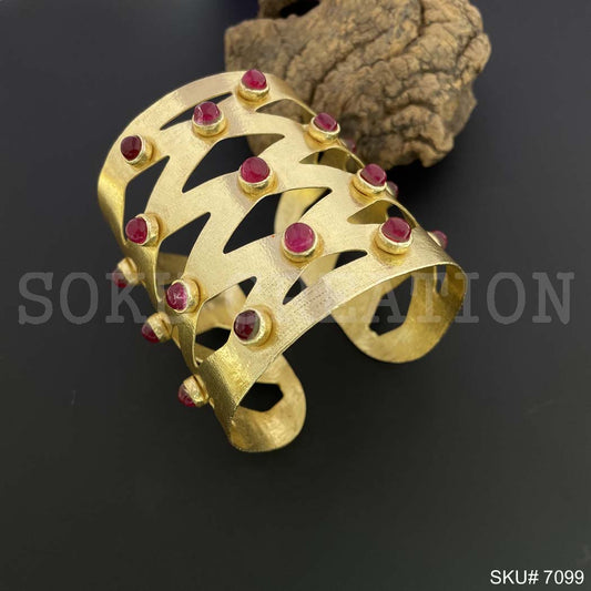 Gold Plated Designer Unique Big Cuff with Zigzag Red Stone SKU7099