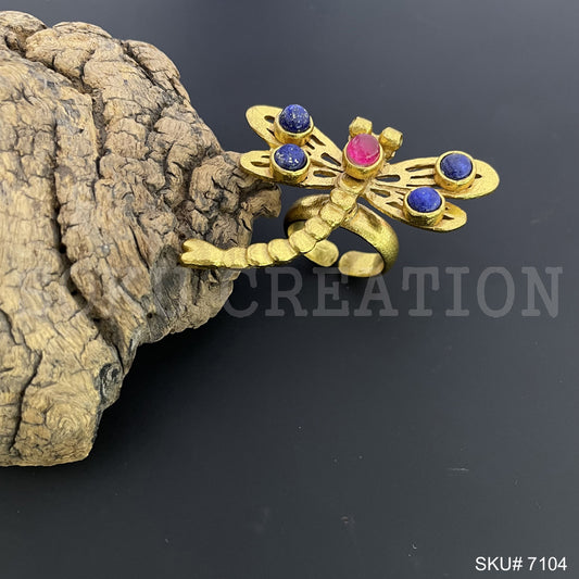 Gold Plated Unique Statement Gemstone Dragonfly Adjustable Handmade Ring SKU7104