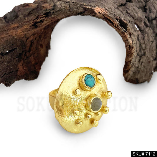Gold Plated Unique Statement Turquoise Stone Doted Adjustable Handmade Ring SKU7112