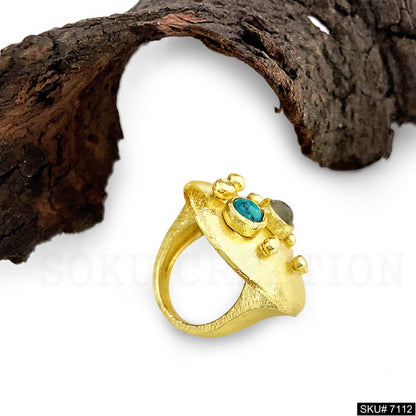 Gold Plated Unique Statement Turquoise Stone Doted Adjustable Handmade Ring SKU7112
