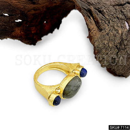 Gold Plated Unique Statement Labra and Blue Stone Adjustable Handmade Ring SKU7114