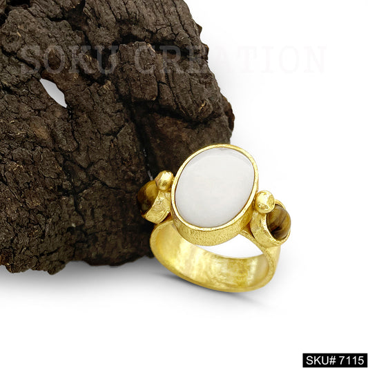 Gold Plated Unique Statement White and Brown Gemstone Adjustable Handmade Ring SKU7115