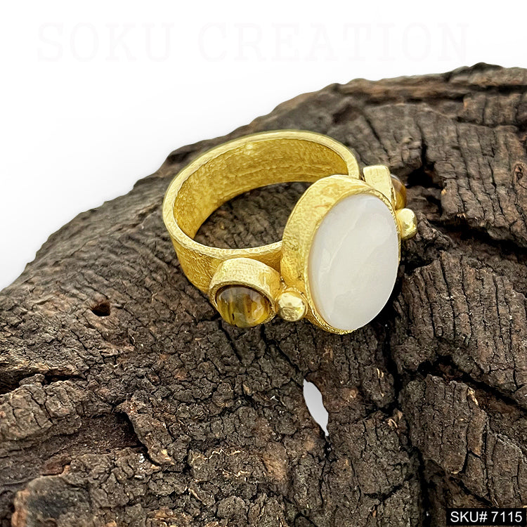 Gold Plated Unique Statement White and Brown Gemstone Adjustable Handmade Ring SKU7115