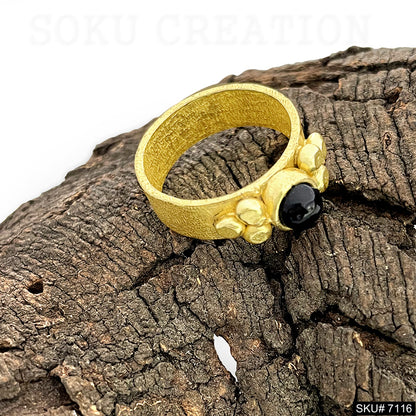 Gold Plated Unique Statement Black Stone Adjustable Handmade Ring SKU7116