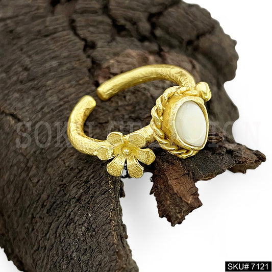 Gold Plated Unique Twisted Wire Drop style White Stone Flower Adjustable Handmade Ring SKU7121