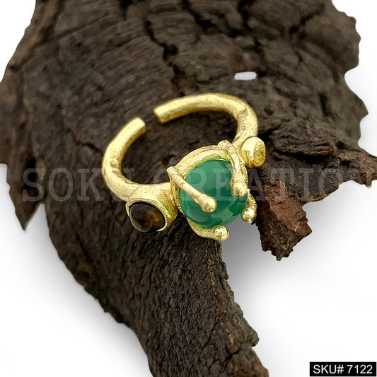 Gold Plated Unique Style of Green Gemstone Adjustable Handmade Ring SKU7122
