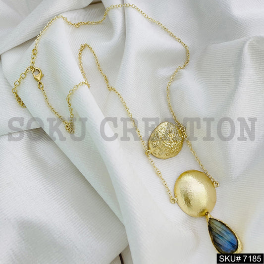 Gold Plated Cable Chain with Statement Hammered  and Labra Stone Design of  Light Wight NecklaceSKU7185