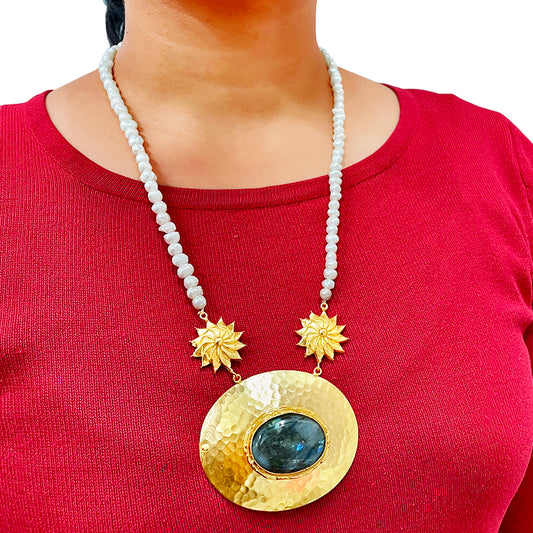 Gold plated Gemstone Filigree necklace with Fresh Water Pearl SKU7217