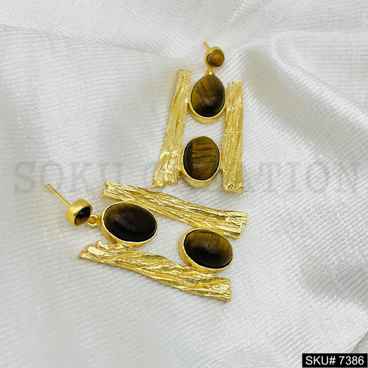 Gold plated Tiger Eye gemstone Drop and Dangle Earring SKU7386