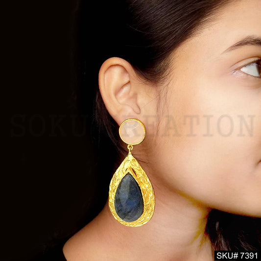 Gold plated Tear Drop Earring with ROSE QUARTZ AND Labradorite  SKU7391