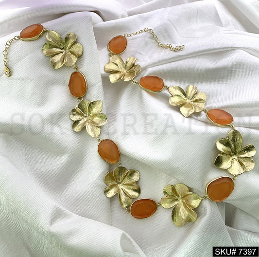 Gold plated flower Monalisa stone Necklace SKU7397