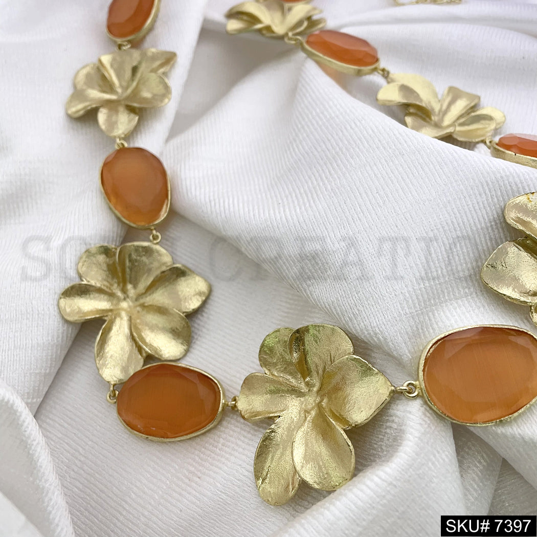 Gold plated flower Monalisa stone Necklace SKU7397