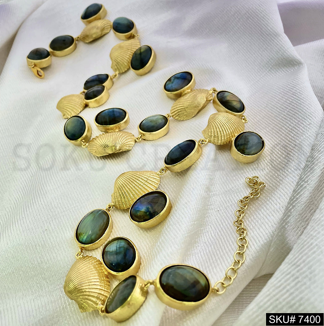 Gold plated shell with labradorite gemstone Necklace SKU7400
