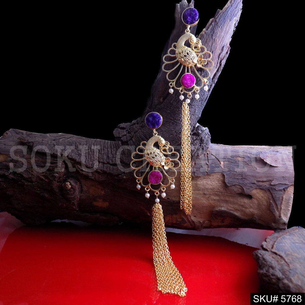 Gold plated Handmade Peacock with Multi Long Chain Drop and Dangle Earring SKU5768