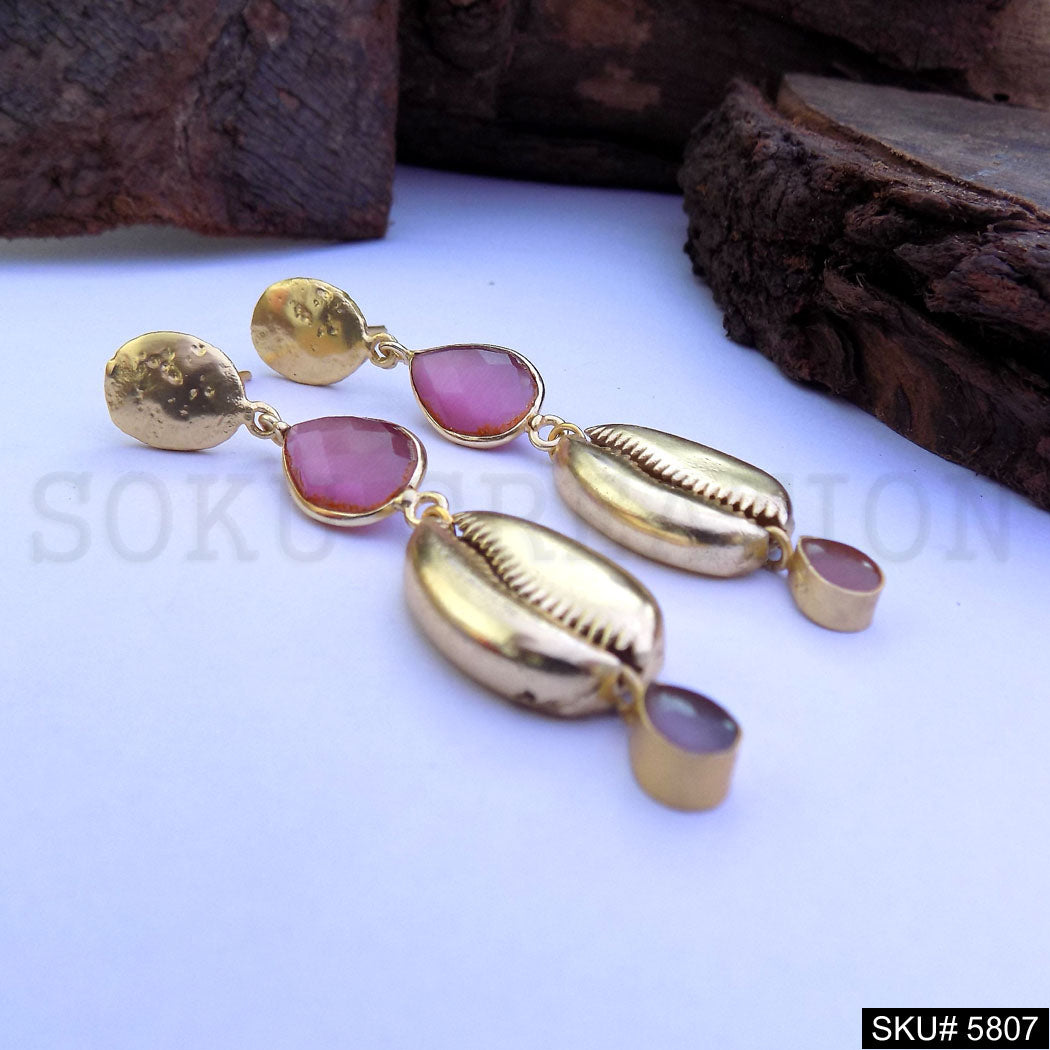 Gold plated Shell Gemstone Designer Drop and Dangle Earring SKU5807