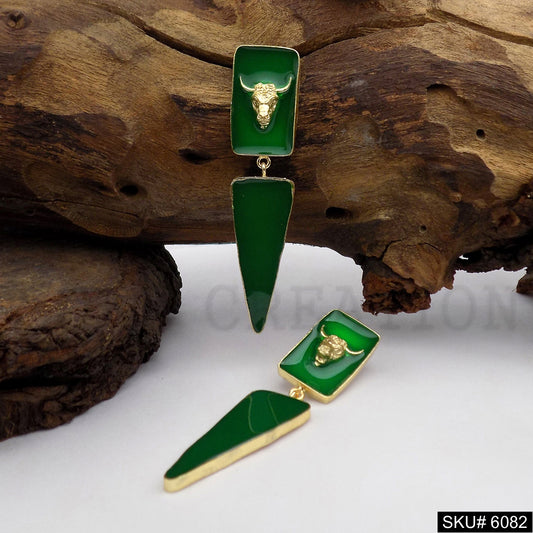 Gold plated Green Enamel Bull Style Design Drop and Dangle Earring SKU6082