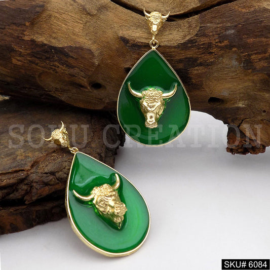 Gold plated Green Enamel Bull Style Design Drop and Dangle Earring SKU6084