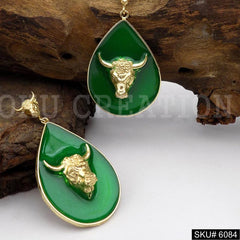 Gold plated Green Enamel Bull Style Design Drop and Dangle Earring SKU6084