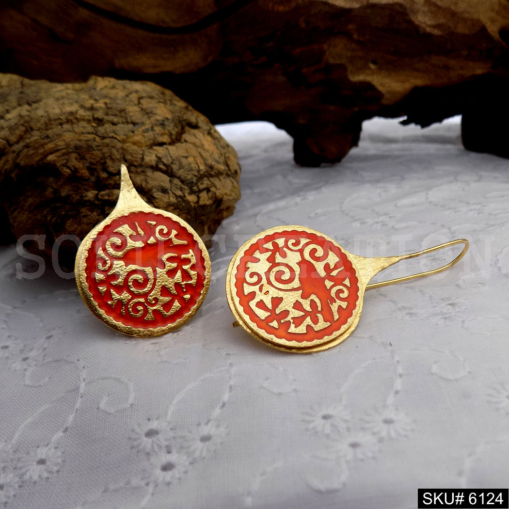 Gold plated Designer Antique Red Ear Wire Earring SKU6124