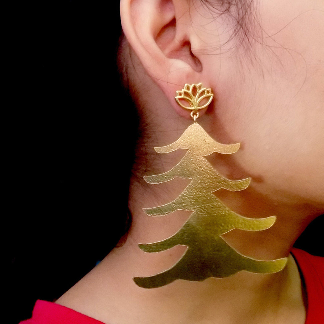 Gold plated Statement Lotus Christmas Tree Design Drop and Dangle Earring SKU6164