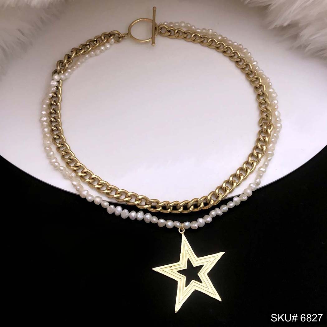 Star Charm Necklace With Pearl Beads SKU6827