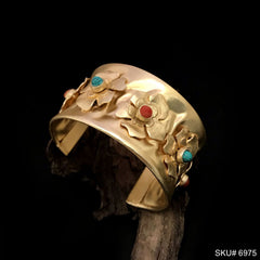 Gold Plated Flower With Turquoise and Red Stone Design of Cuff SKU6975