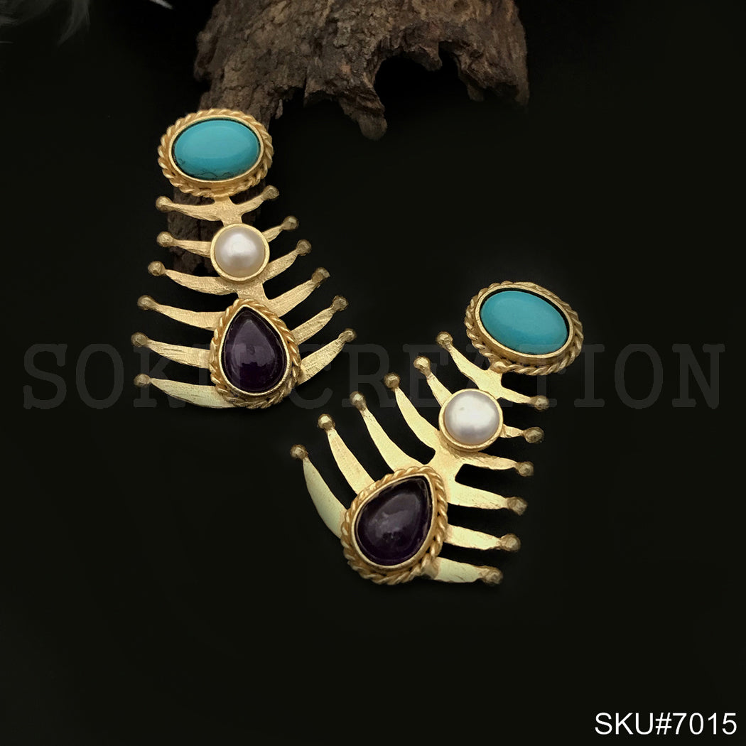 Gold plated Statement Twisted Wire Turquoise Pearl and Black Stone Style Stud Earring SKU7015