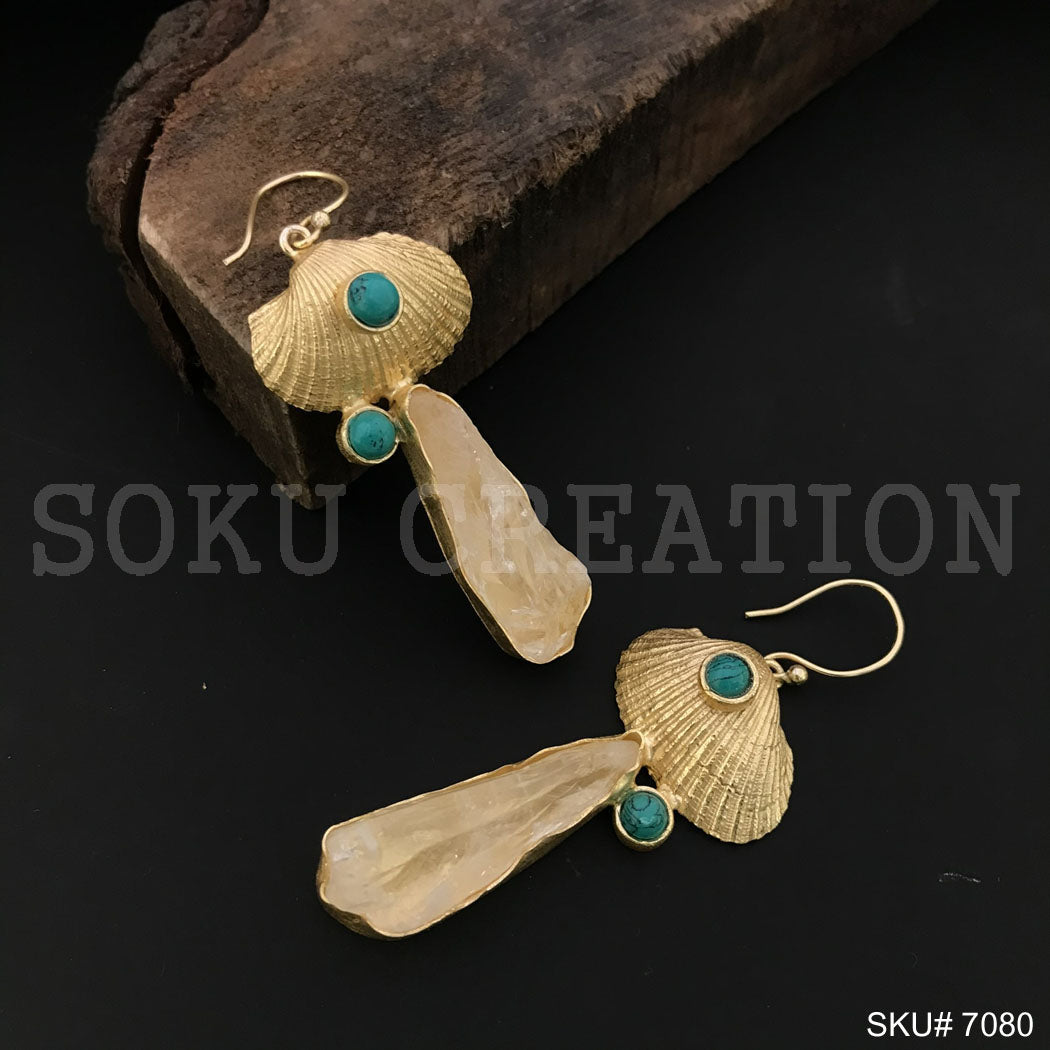 Gold Plated Unique Statement Turquoise Stone and Shell Style Handmade Ear Wire Earring SKU7080
