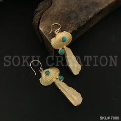 Gold Plated Unique Statement Turquoise Stone and Shell Style Handmade Ear Wire Earring SKU7080