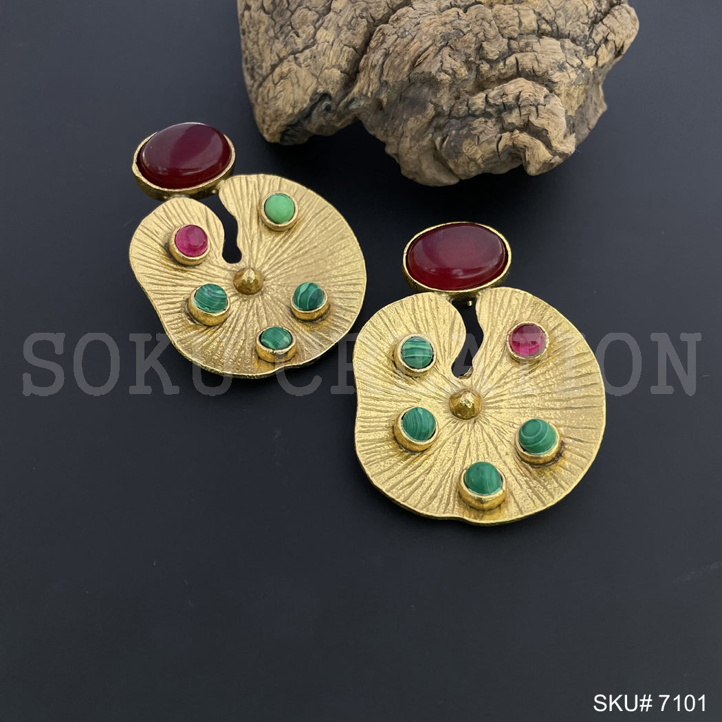 Gold Plated Unique Red  and Green Stone Statement Handmade Drop and Dangle Earring SKU7101