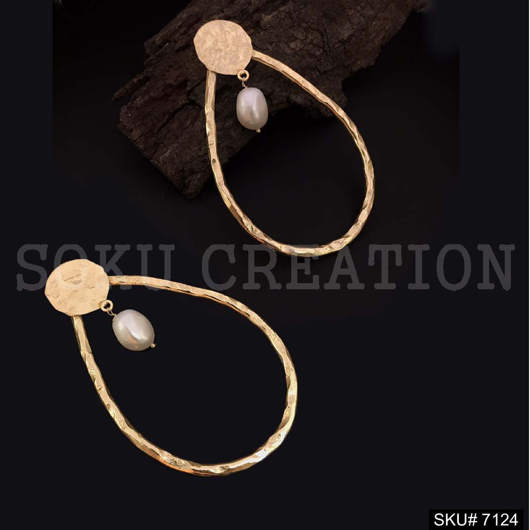 Gold Plated Unique Statement Drop Shape with Pearl Handmade Drop and Dangle Earring SKU7124