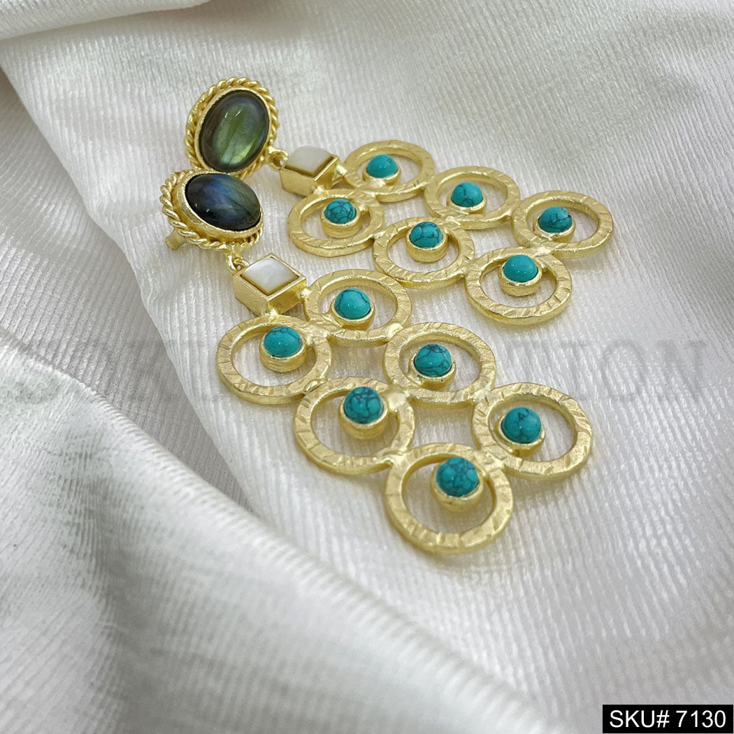 Gold Plated Twisted Wire With Labra and Turquoise Stone  Hnadmade Drop and Dangle Earring SKU7130