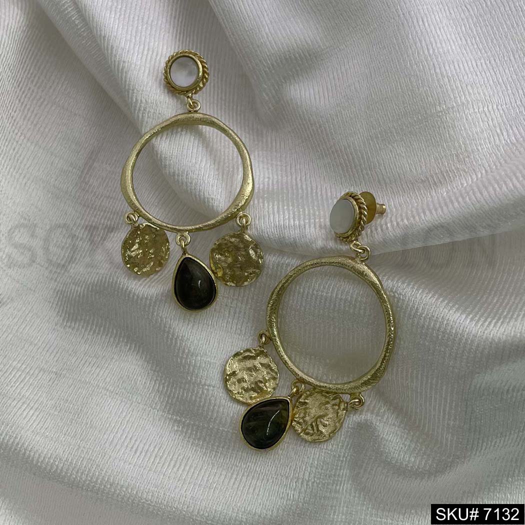 Gold Plated Statement Labra Stone Hammered Handmade Twisted Wire Drop and Dangle Earring SKU7132