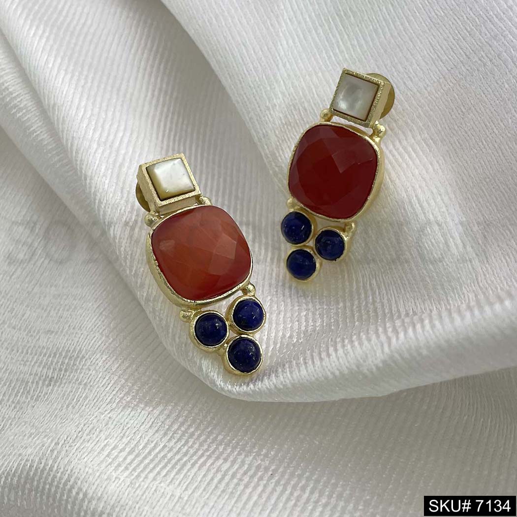 Gold Plated Statement Red and Blue Stone Handmade Drop and Dangle Earring SKU7134