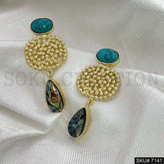 Gold Plated Statement Dotted Turquoise and Labra Stone Handmade Drop and Dangle Earring SKU7141
