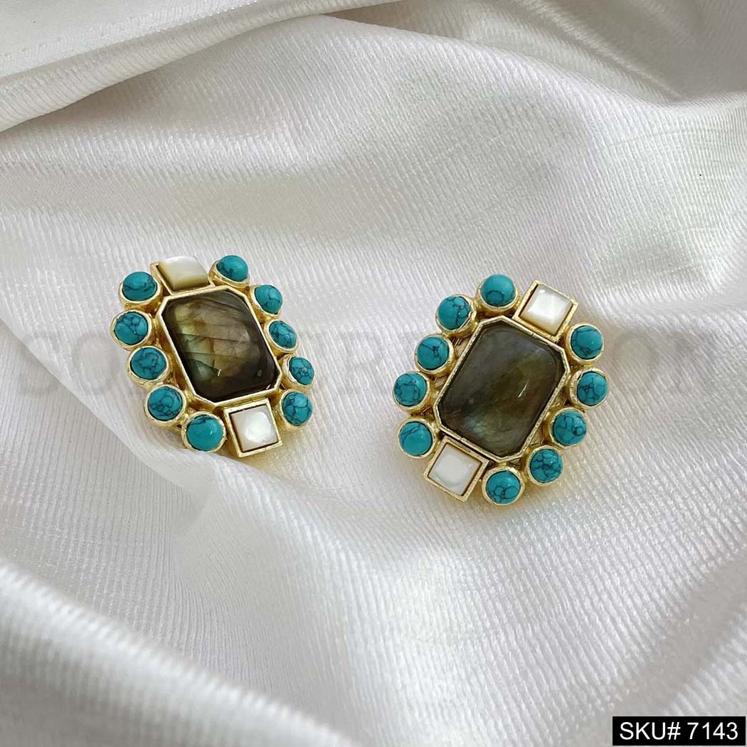 Gold Plated Turquoise and Labra Stone Handmade Big Stud Earring SKU7143