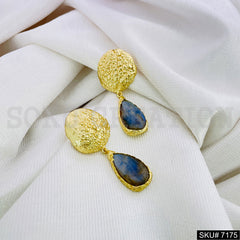 Gold Plated Statement Labra stone Drop Style Hammered  Drop and Dangle Earring SKU7175